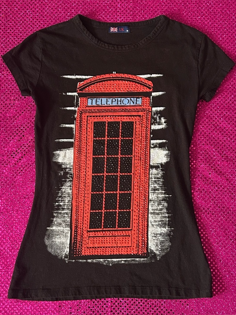 bedazzled red english telephone booth graphic tshirt